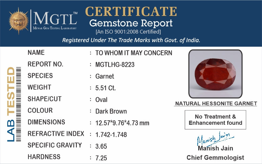 African Hessonite Garnet  5.51 Carat Prime Quality HG-8223