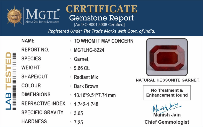 African Hessonite Garnet  9.66 Carat Prime Quality HG-8224