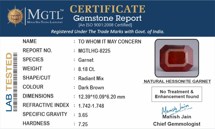 African Hessonite Garnet  8.18 Carat Prime Quality HG-8225