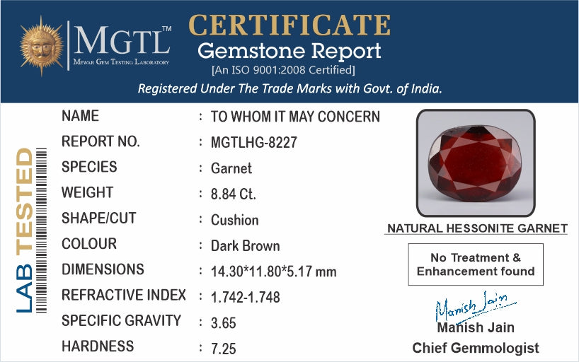 African Hessonite Garnet  8.84 Carat Prime Quality HG-8227