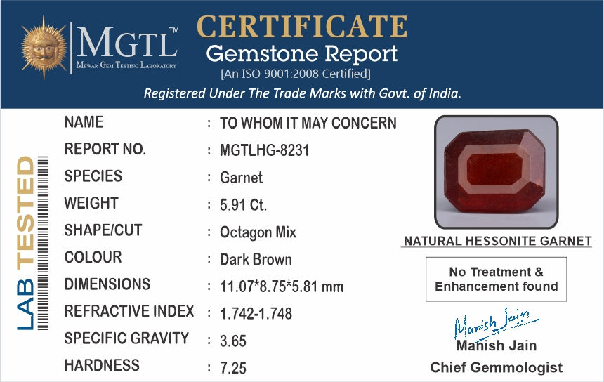 African Hessonite Garnet  5.91 Carat Prime Quality HG-8231
