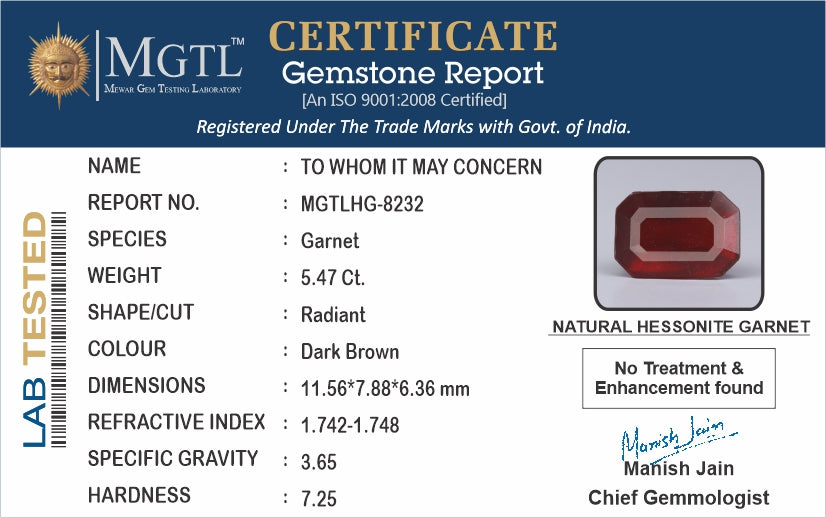 African Hessonite Garnet  5.47 Carat Prime Quality HG-8232
