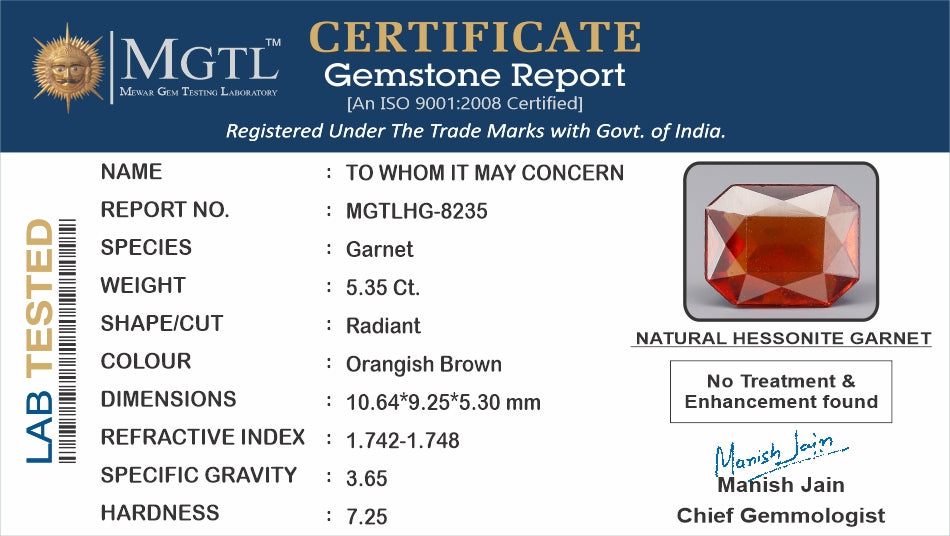 Ceylon Hessonite Garnet  5.35 Carat Limited Quality HG-8235