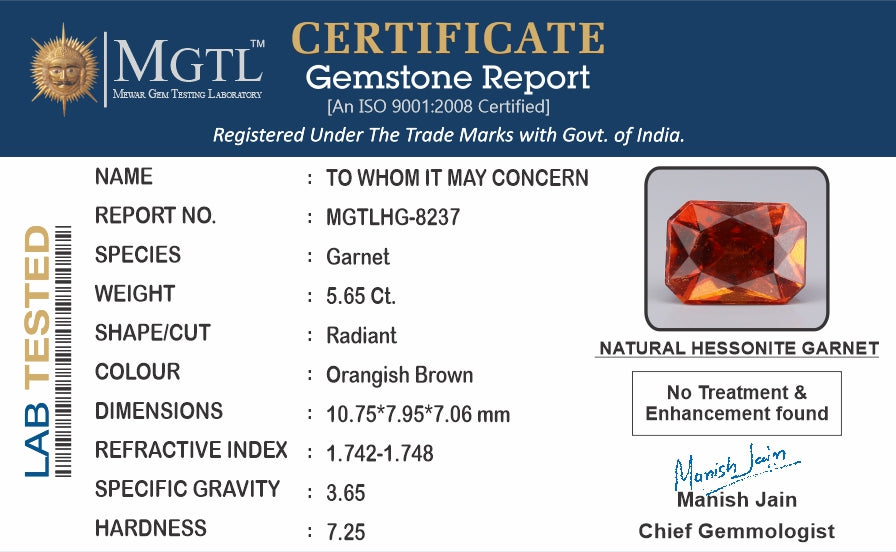 Ceylon Hessonite Garnet  5.65 Carat Rare Quality HG-8237