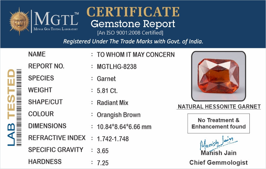 Ceylon Hessonite Garnet  5.81 Carat Limited Quality HG-8238