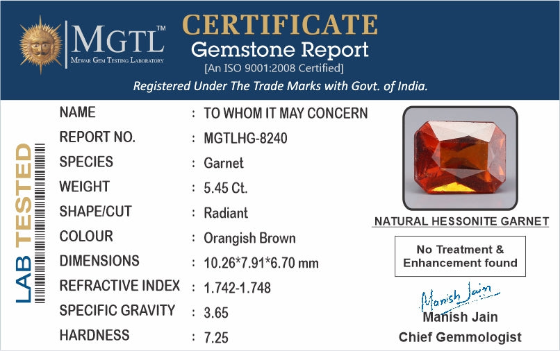 Ceylon Hessonite Garnet  5.45 Carat Rare Quality HG-8240