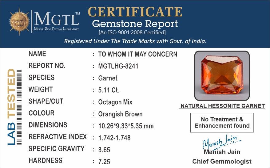 Ceylon Hessonite Garnet  5.11 Carat Limited Quality HG-8241