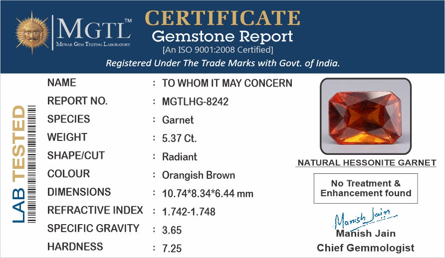 Ceylon Hessonite Garnet  5.37 Carat Rare Quality HG-8242