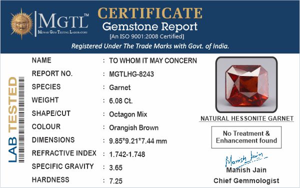 Ceylon Hessonite Garnet  6.08 Carat Limited Quality  HG-8243