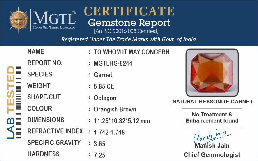 Ceylon Hessonite Garnet  5.85 Carat Limited Quality HG-8244