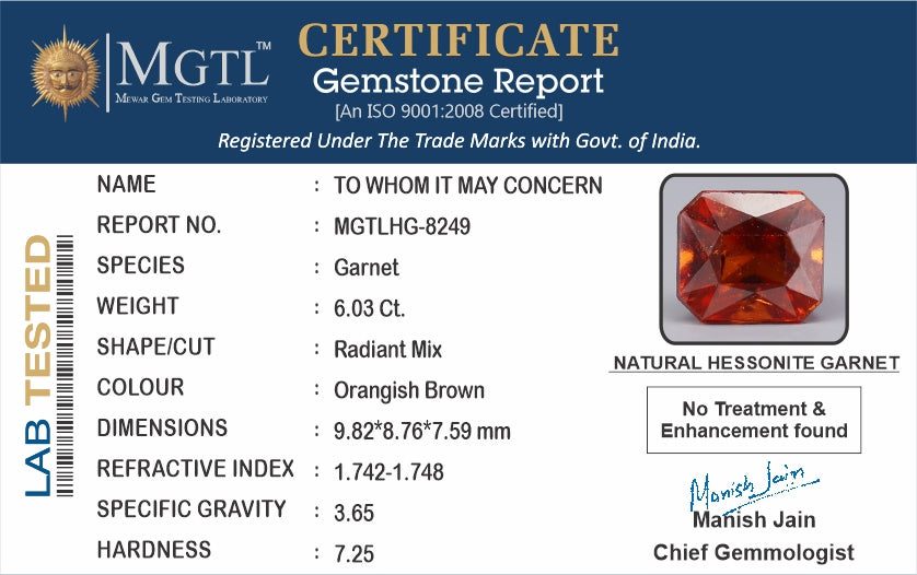 Ceylon Hessonite Garnet - 6.03 Carat Limited Quality HG-8249