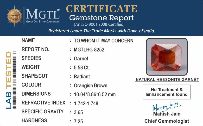 Ceylon Hessonite Garnet  5.58 Carat Limited Quality HG-8252