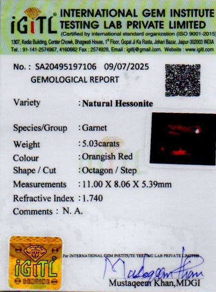 Ceylon Hessonite Garnet - 5.03 Carat Limited Quality HG-8349
