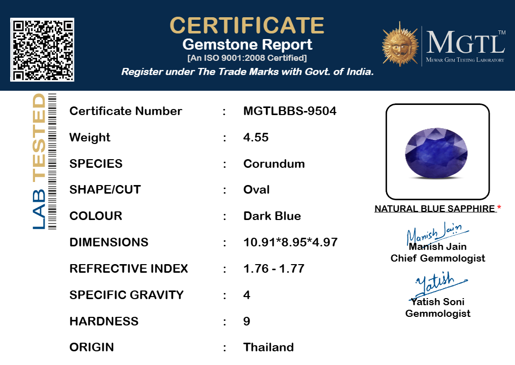Thailand Blue Sapphire - 4.55 Carat Prime Quality BBS-9504