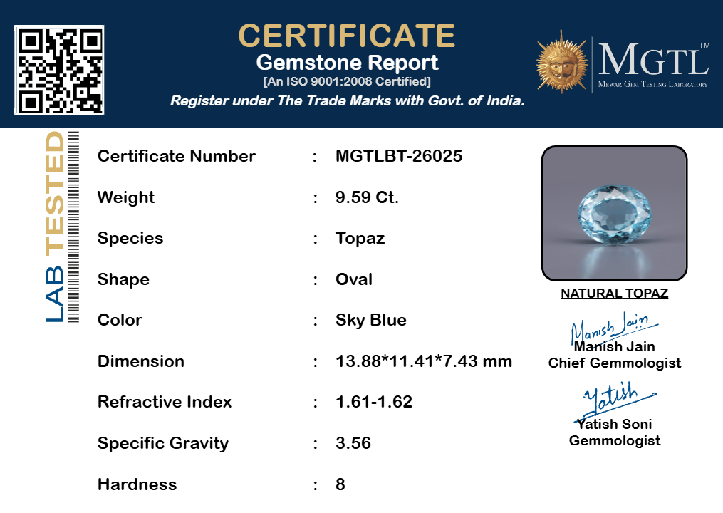 Natural Blue Topaz - 9.59 Carat Limited Quality BT-26025