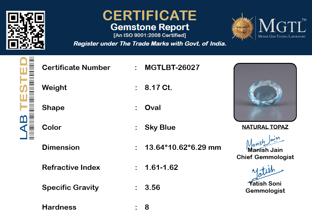 Natural Blue Topaz - 8.17 Carat Limited Quality BT-26027