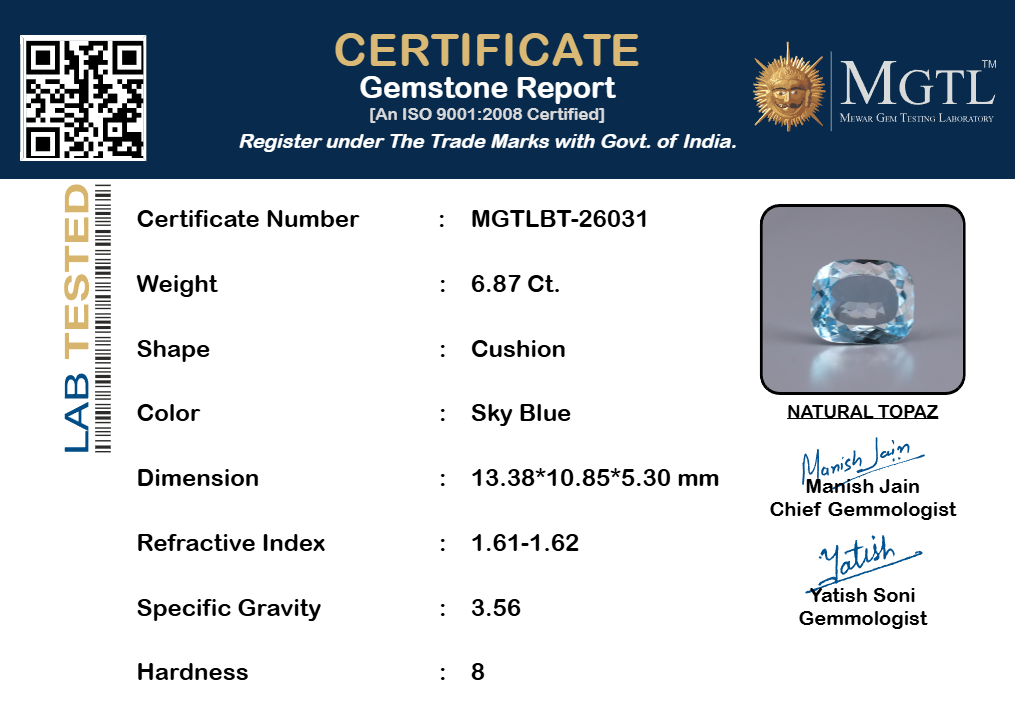 Natural Blue Topaz - 6.87 Carat Rare Quality BT-26031
