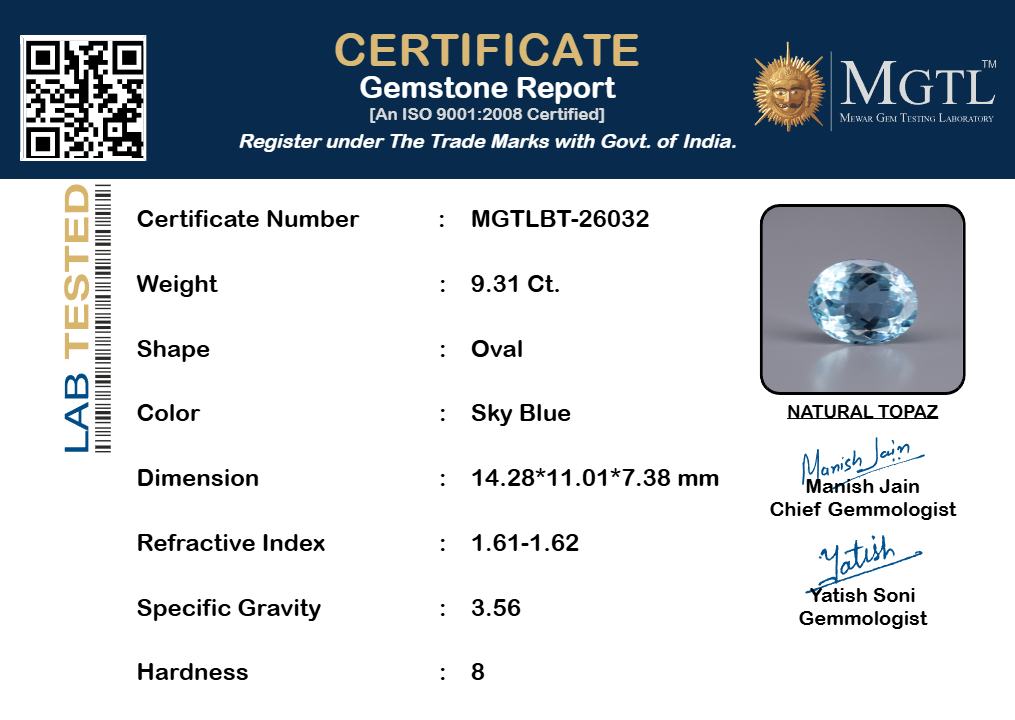 Natural Blue Topaz - 9.31 Carat Limited Quality BT-26032