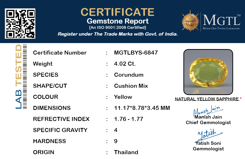 Thailand Yellow Sapphire - 4.02 Carat Rare Quality BYS-6847