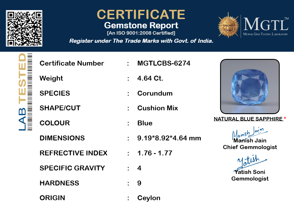 Ceylon Blue Sapphire - 4.64 Carat Prime Quality CBS-6274