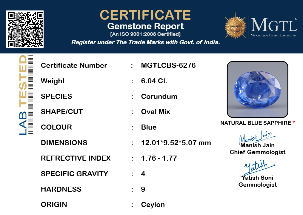 Ceylon Blue Sapphire - 6.04 Carat Prime Quality CBS-6276