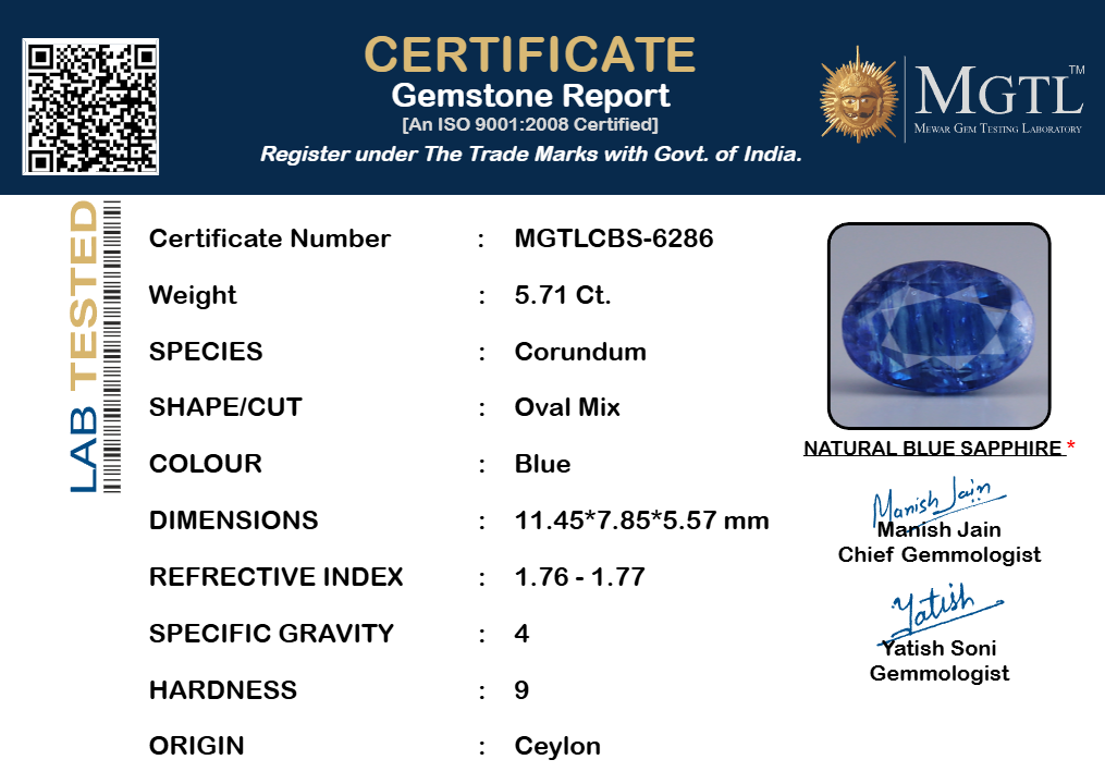 Ceylon Blue Sapphire - 5.71 Carat Prime Quality CBS-6286