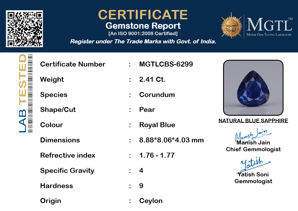 Ceylon Blue Sapphire - 2.41 Carat Rare Quality CBS-6299
