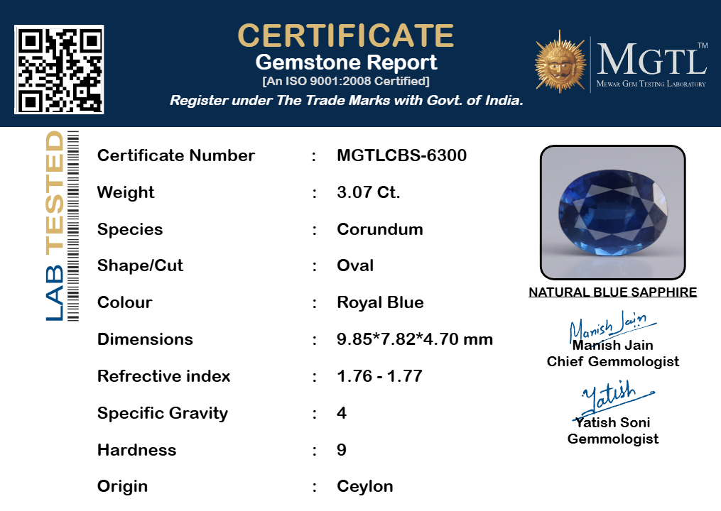 Ceylon Blue Sapphire - 3.07 Carat Rare Quality CBS-6300