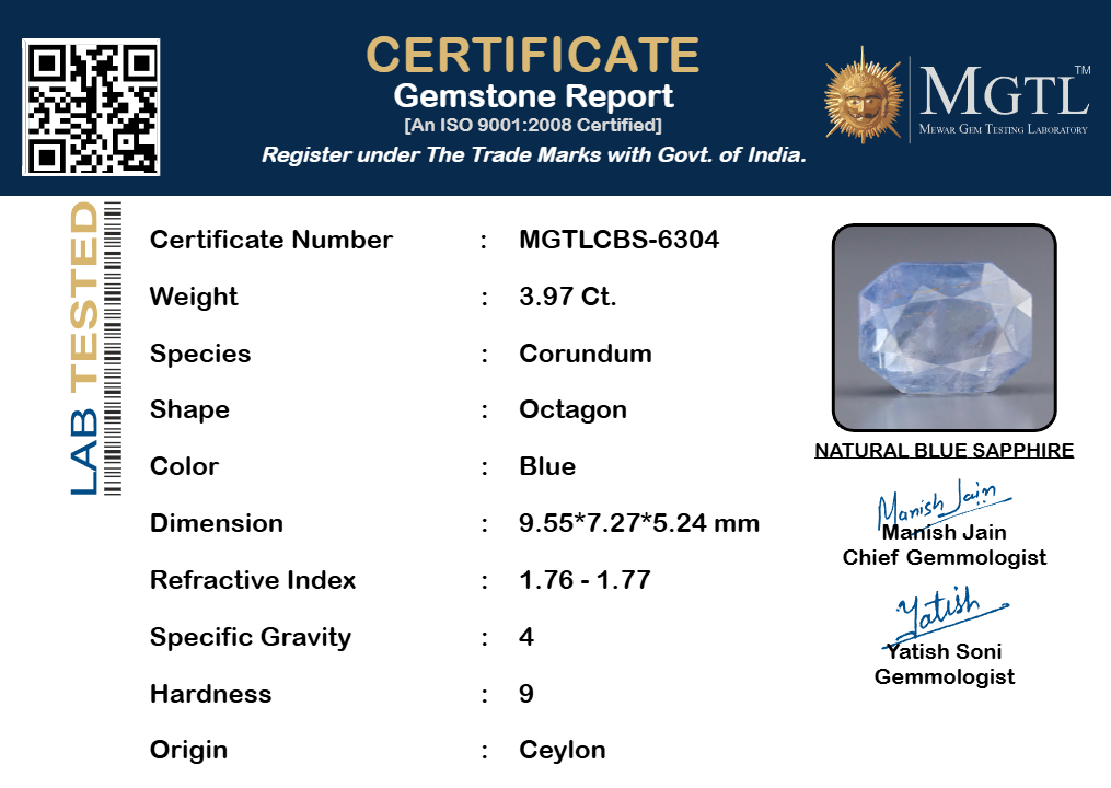 Ceylon Blue Sapphire - 3.97 Carat Prime Quality CBS-6304