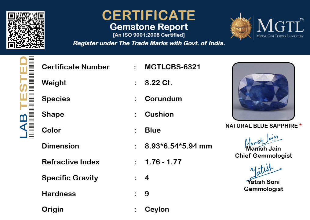 Ceylon Blue Sapphire - 3.22 Carat Prime Quality CBS-6321