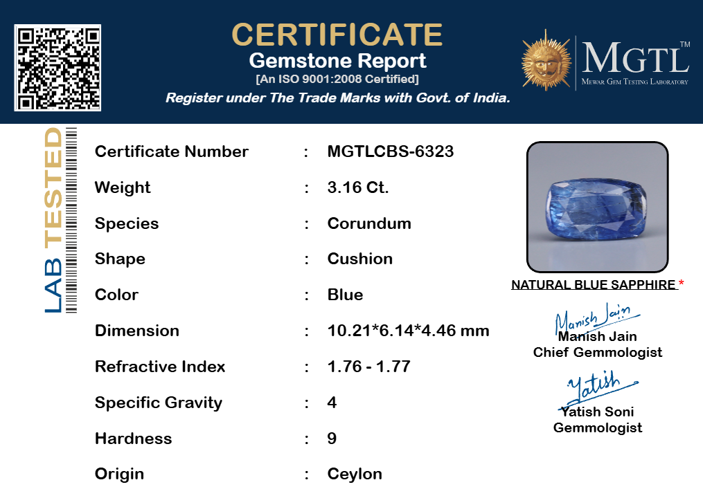Ceylon Blue Sapphire - 3.16 Carat Prime Quality CBS-6323