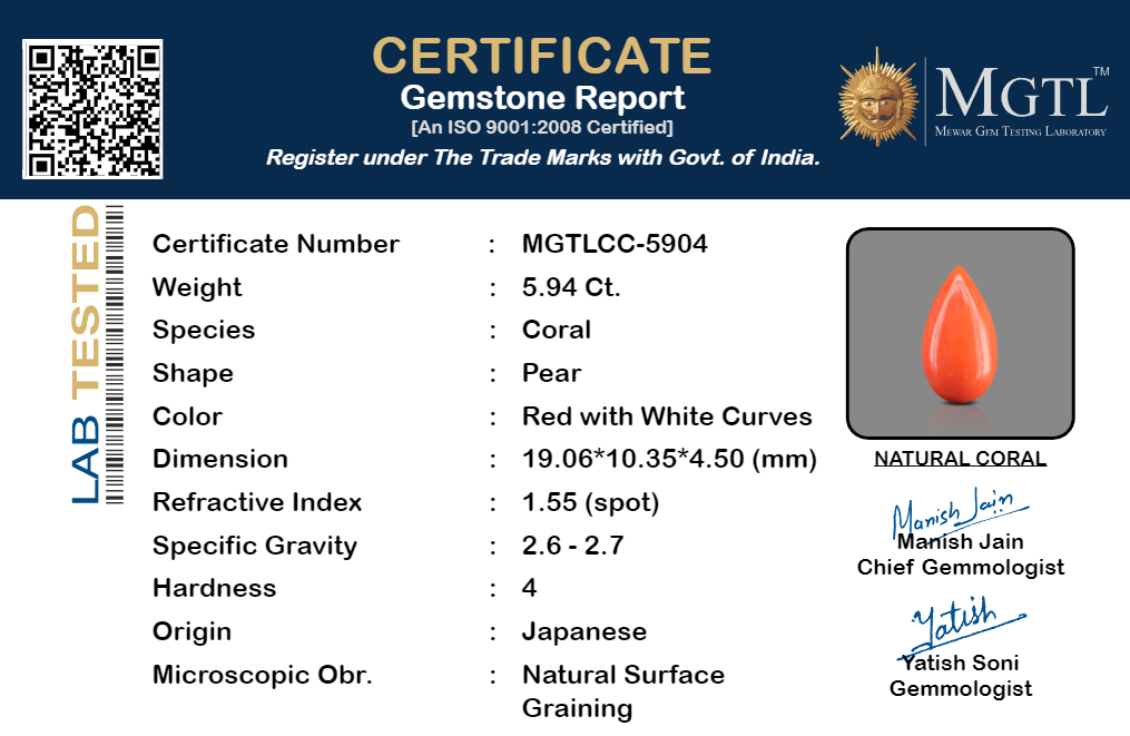 Red Coral - 5.94 Carat (6.56 Ratti - Moonga)