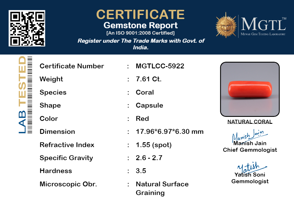 Italian Red Coral - 7.61 Carat Prime Quality CC-5922