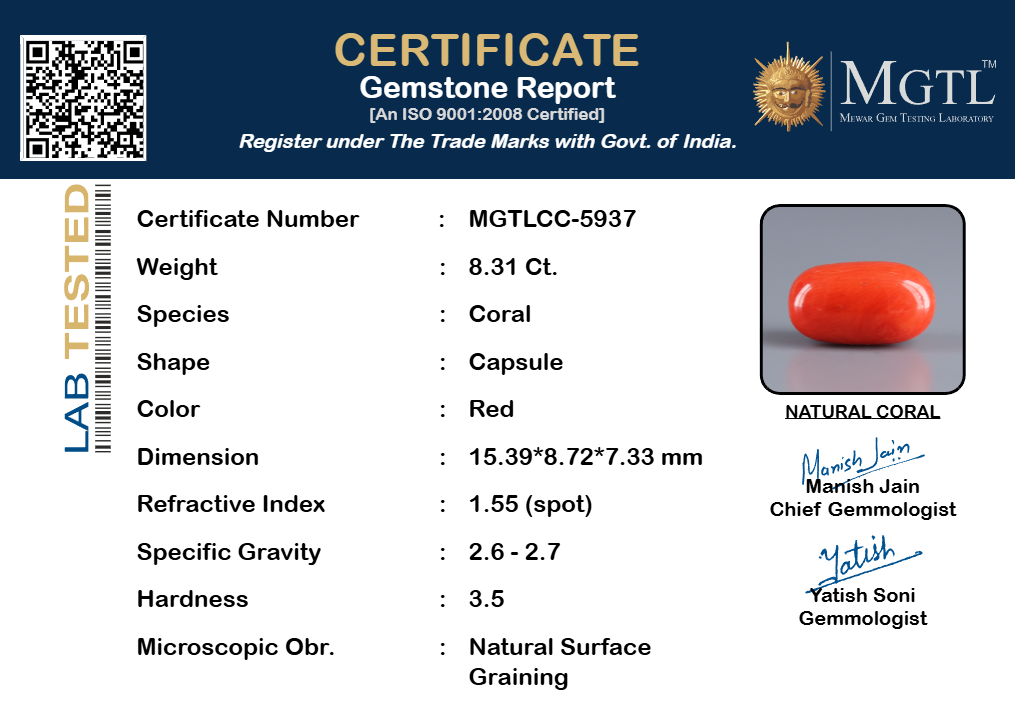Red Coral - 8.31 Carat (9.18 Ratti - Moonga)