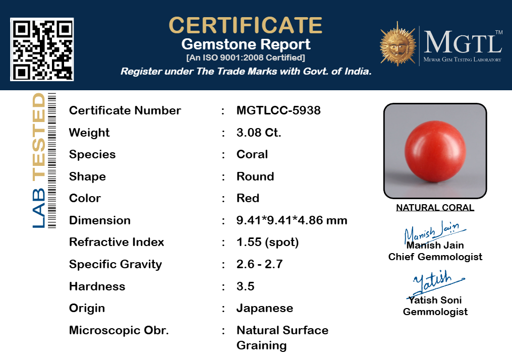 Red Coral - 3.08 Carat (3.40 Ratti - Moonga)