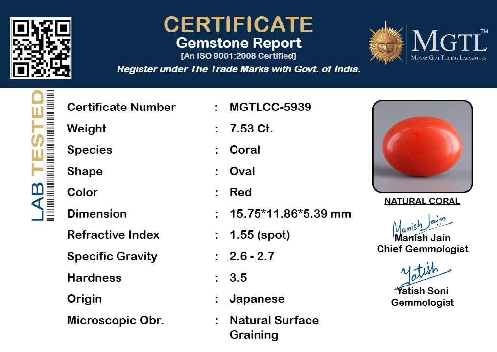 Red Coral - 7.53 Carat (8.32 Ratti - Moonga)