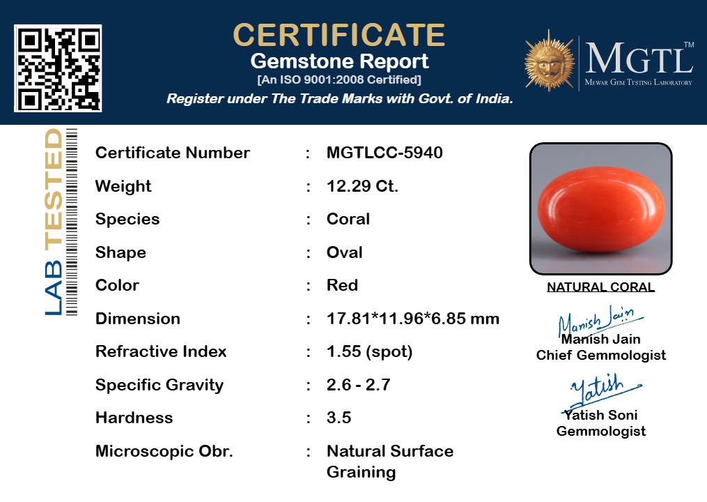 Red Coral - 12.29 Carat (13.58 Ratti - Moonga)