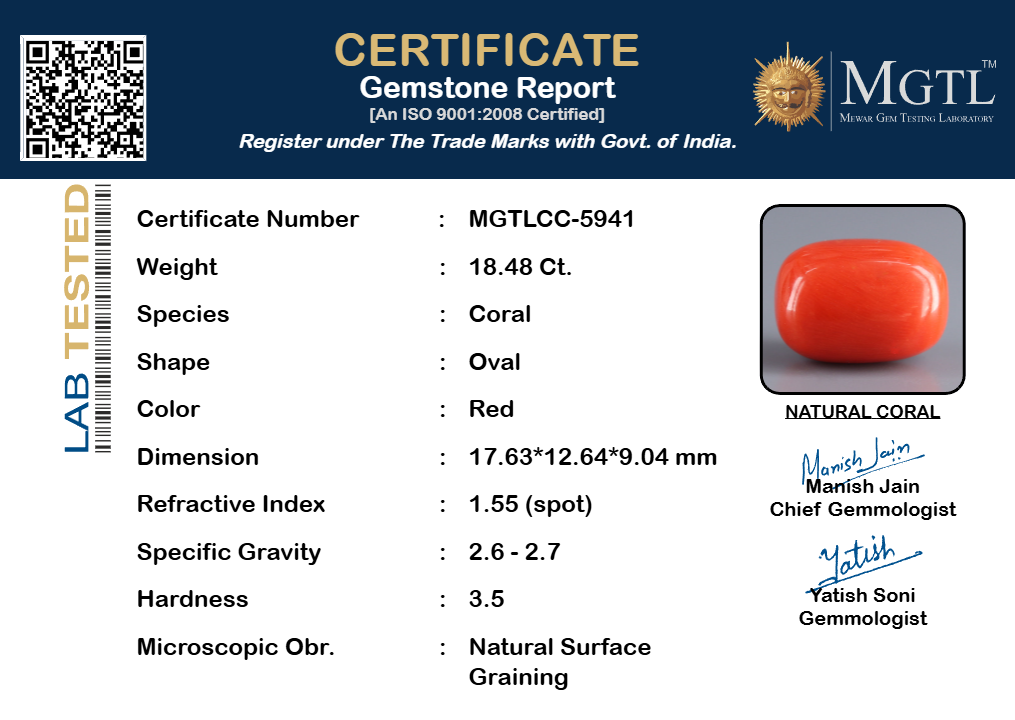 Red Coral - 18.48 Carat (20.42 Ratti - Moonga)