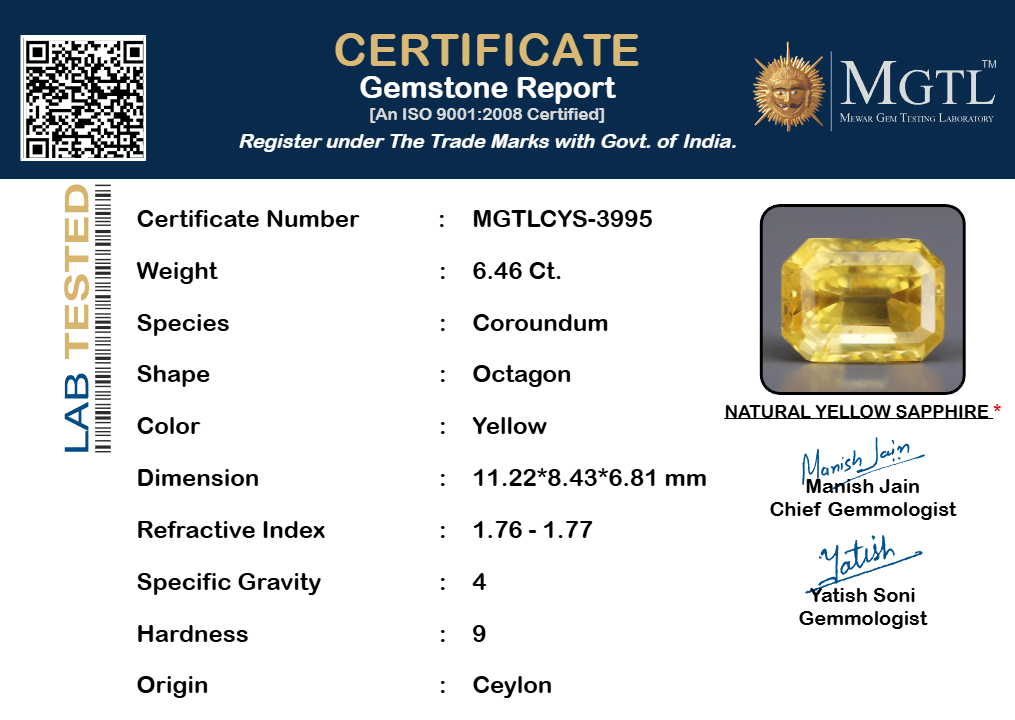 Yellow Sapphire - 6.46 Carats