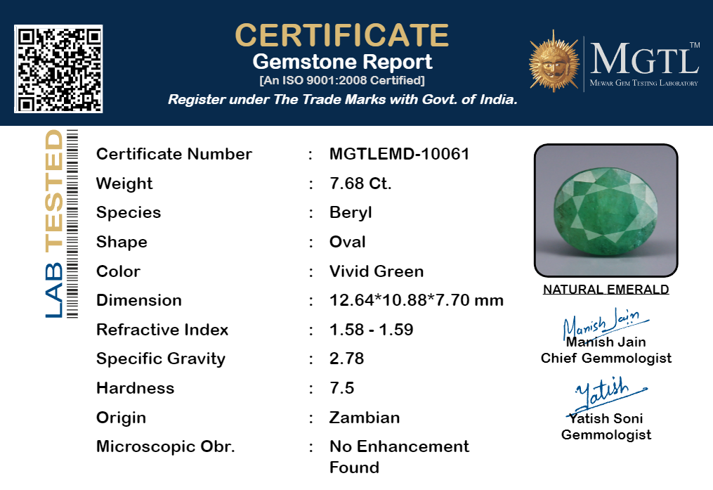 Zambian Emerald - 7.68 Carat Fine Quality EMD-10061