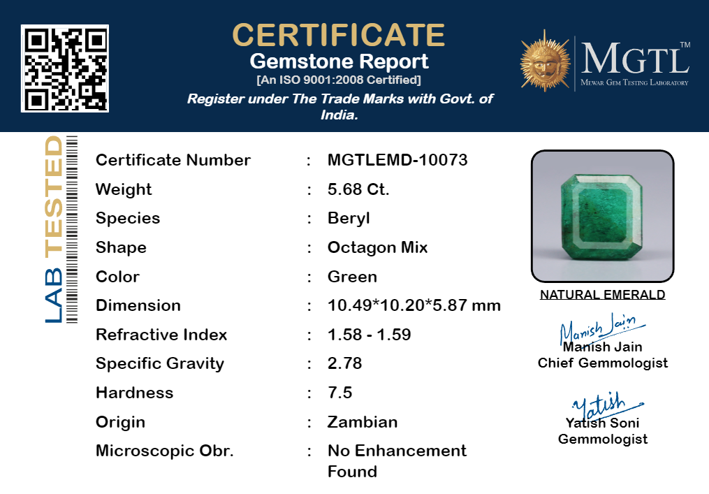 Zambian Emerald - 5.68 Carat Fine Quality EMD-10073