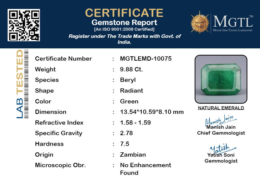 Zambian Emerald - 9.88 Carat Fine Quality EMD-10075