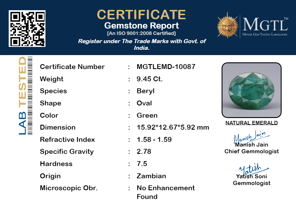 Zambian Emerald - 9.45 Carat Fine Quality EMD-10087