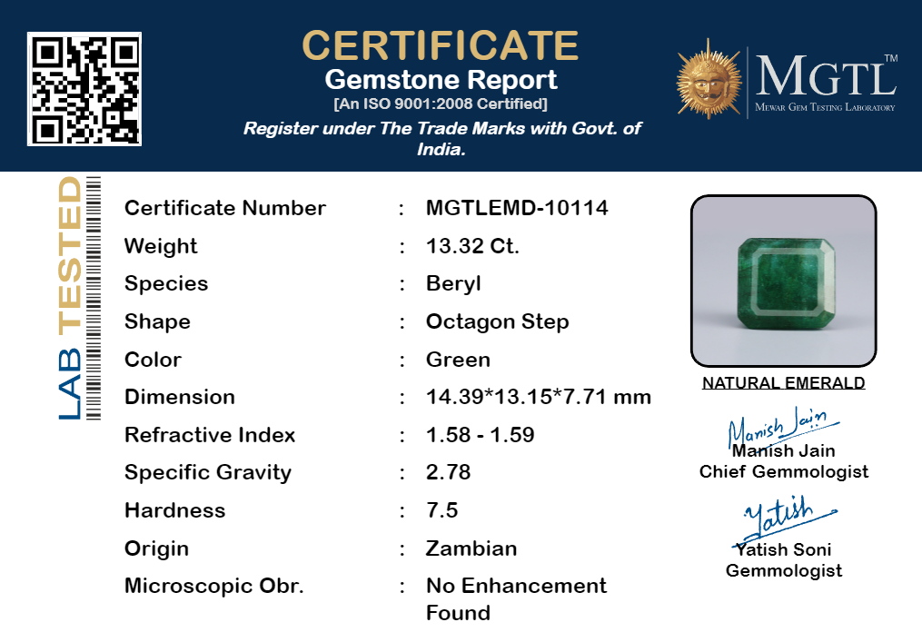 Zambian Emerald - 13.32 Carat Prime Quality EMD-10114