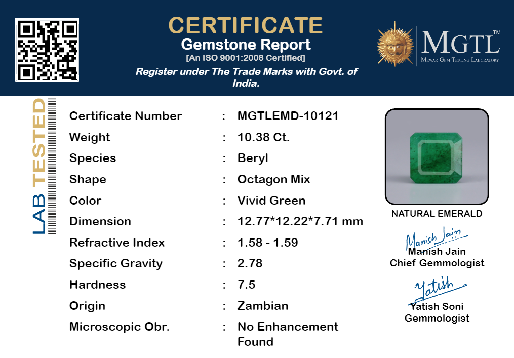 Zambian Emerald - 10.38 Carat Prime Quality EMD-10121