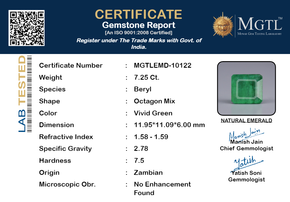 Zambian Emerald - 7.25 Carat Prime Quality EMD-10122