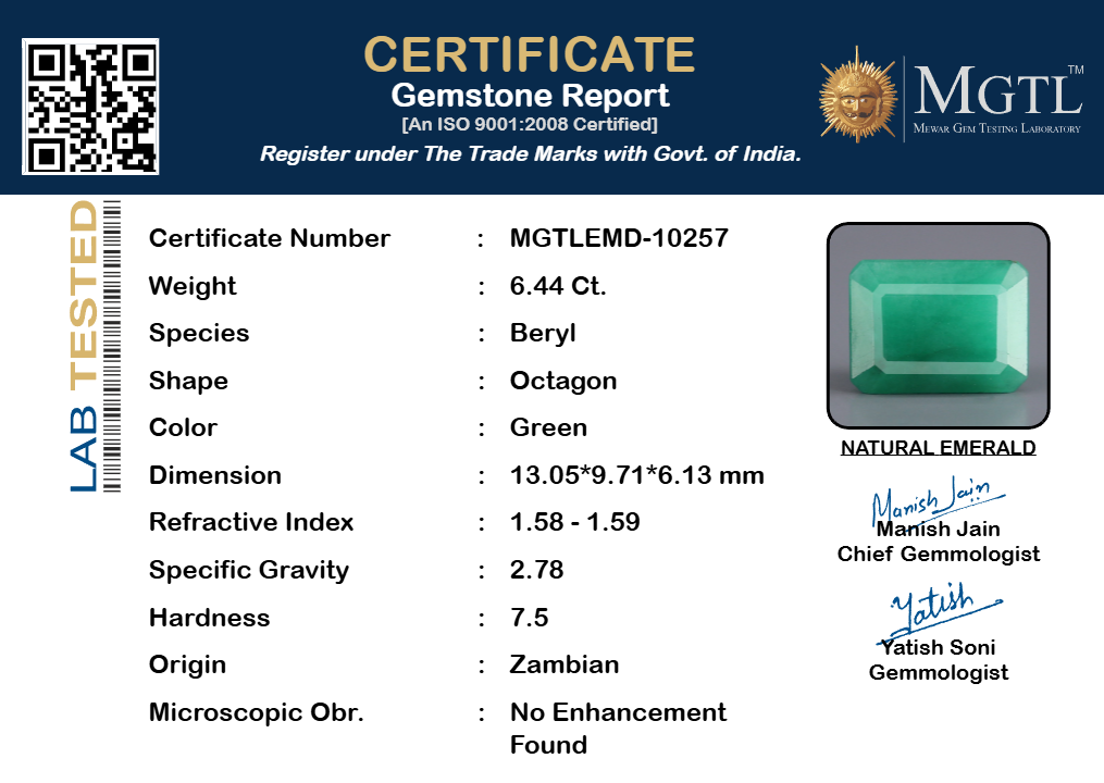 Zambian Emerald - 6.44 Carat Fine Quality EMD-10257