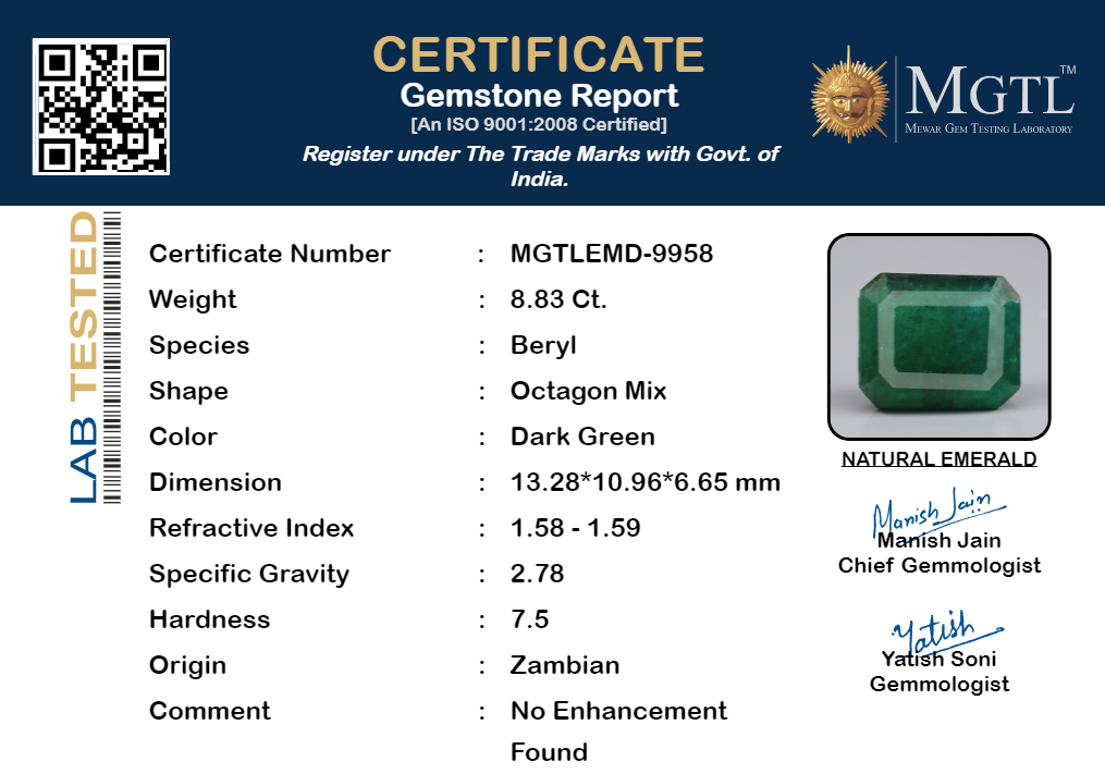 Zambian Emerald - 8.83 Carat Prime Quality EMD-9958