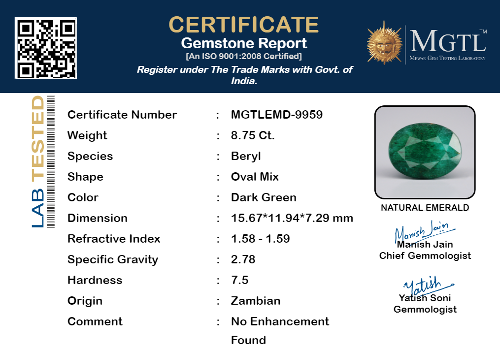 Zambian Emerald - 8.75 Carat Prime Quality EMD-9959