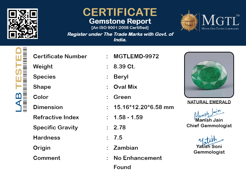 Zambian Emerald - 8.39 Carat Prime Quality EMD-9972